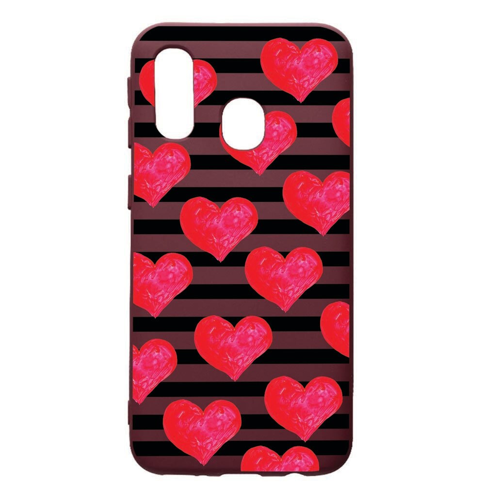 Husa Premium TPU compatibila cu Samsung Galaxy A20E, Red Hearts, cu interiorul din material textil, protectie camera, Burgundy, PBR102