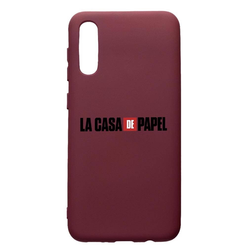 Husa Premium TPU compatibila cu Samsung Galaxy A50, La Casa De Papel, cu interiorul din material textil, protectie camera, Burgundy, PBR292