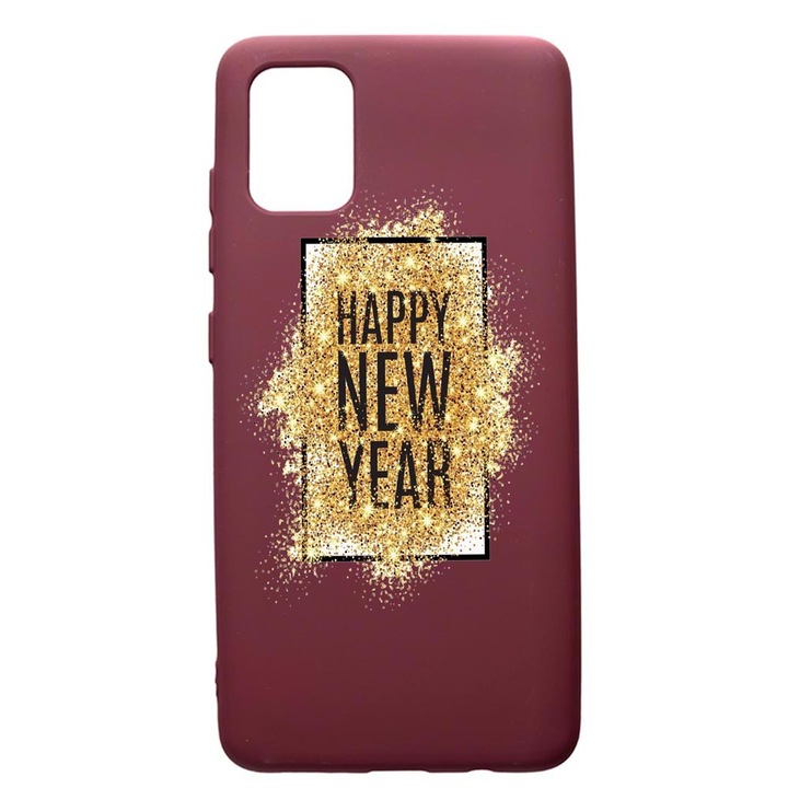 Husa Premium TPU compatibila cu Apple iPhone 12 Pro Max, Happy New Year, cu interiorul din material textil, protectie camera, Burgundy, PBR355