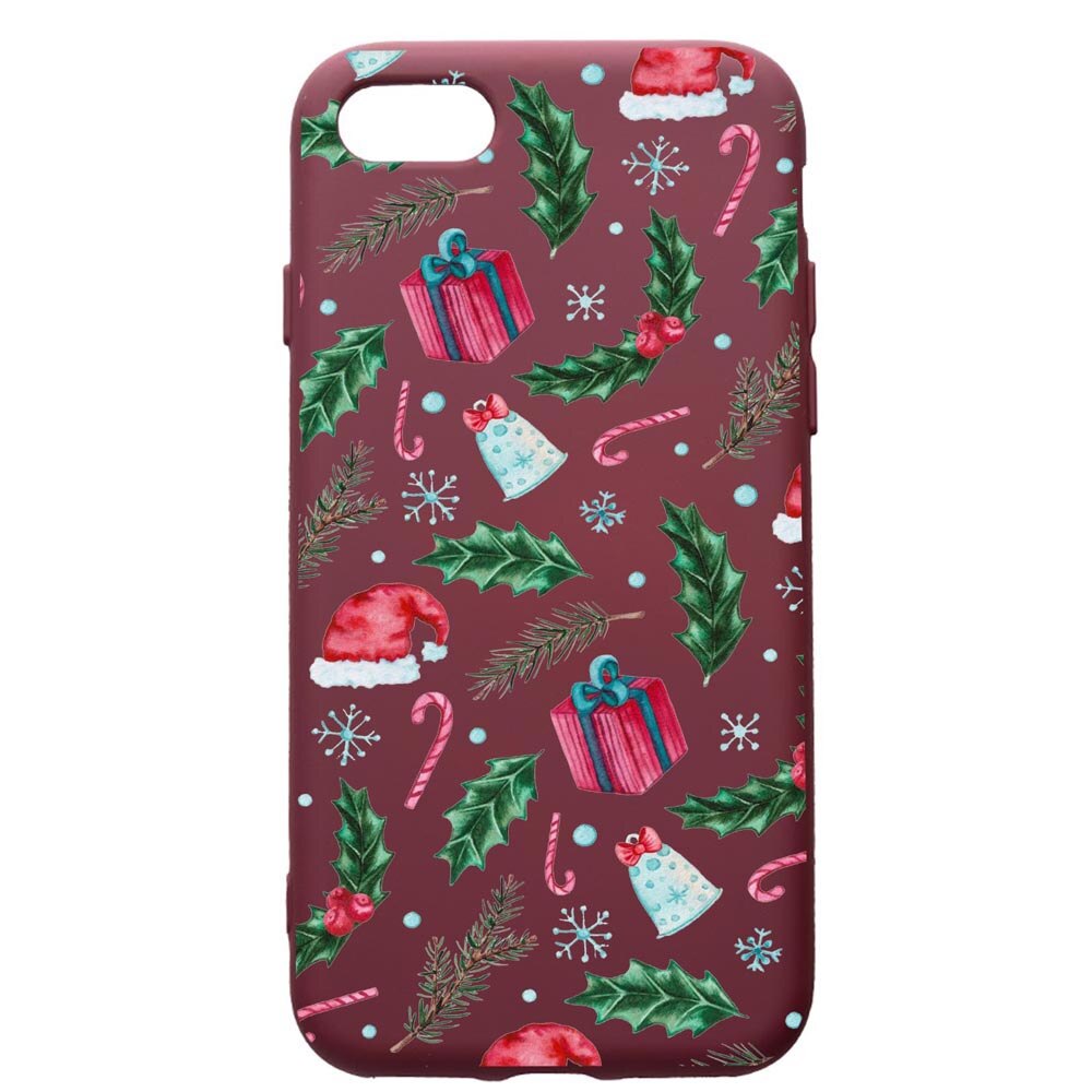 Husa Premium TPU compatibila cu Apple iPhone SE 2 / iPhone 8 / iPhone 7, Xmas, cu interiorul din material textil, protectie camera, Burgundy, PBR314