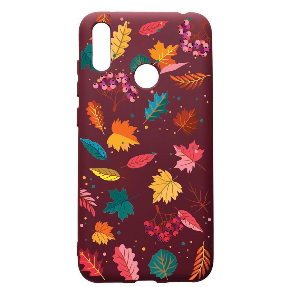 Husa Premium TPU compatibila cu Huawei Y7 2019, Feathers, cu interiorul din material textil, protectie camera, Burgundy, PBR99
