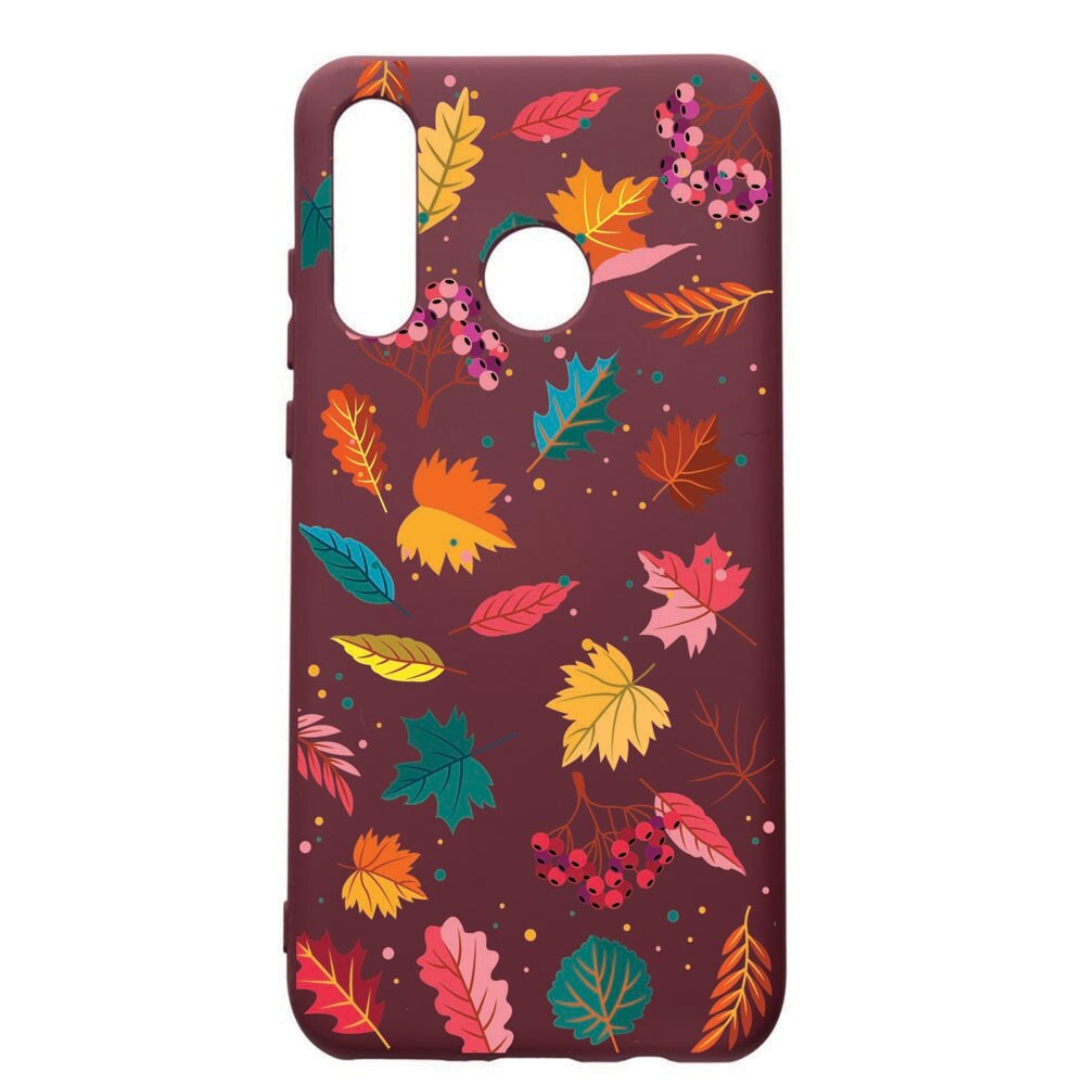 Husa Premium TPU compatibila cu Huawei P30 Lite, Feathers, cu interiorul din material textil, protectie camera, Burgundy, PBR99