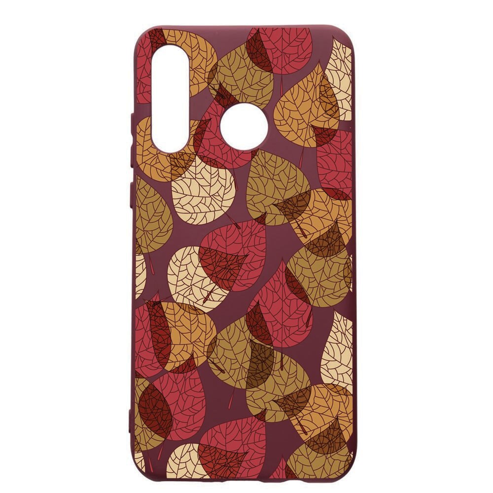 Husa Premium TPU compatibila cu Huawei P30 Lite, Feathers, cu interiorul din material textil, protectie camera, Burgundy, PBR98