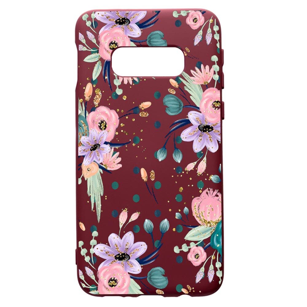 Husa Premium TPU compatibila cu Samsung Galaxy S10E, Spring Flowers, cu interiorul din material textil, protectie camera, Burgundy, PBR495