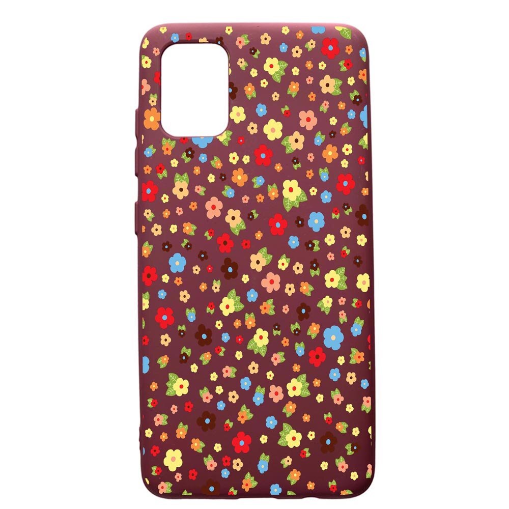 Husa Premium Silicon compatibila cu Samsung Galaxy A51, Happy Flowers, cu interiorul din material textil, protectie camera, Burgundy, PBR501