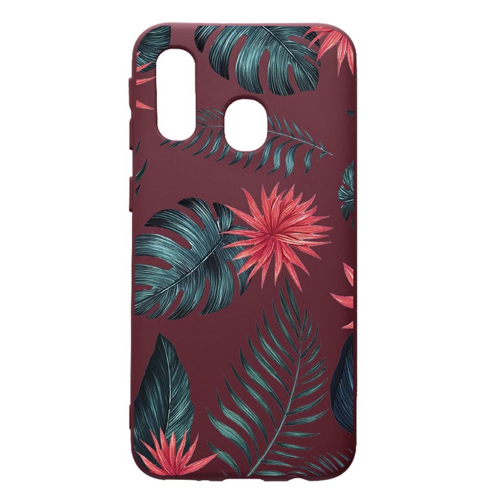 Husa Premium TPU compatibila cu Samsung Galaxy A20E, Tropical Flowers, cu interiorul din material textil, protectie camera, Burgundy, PBR497