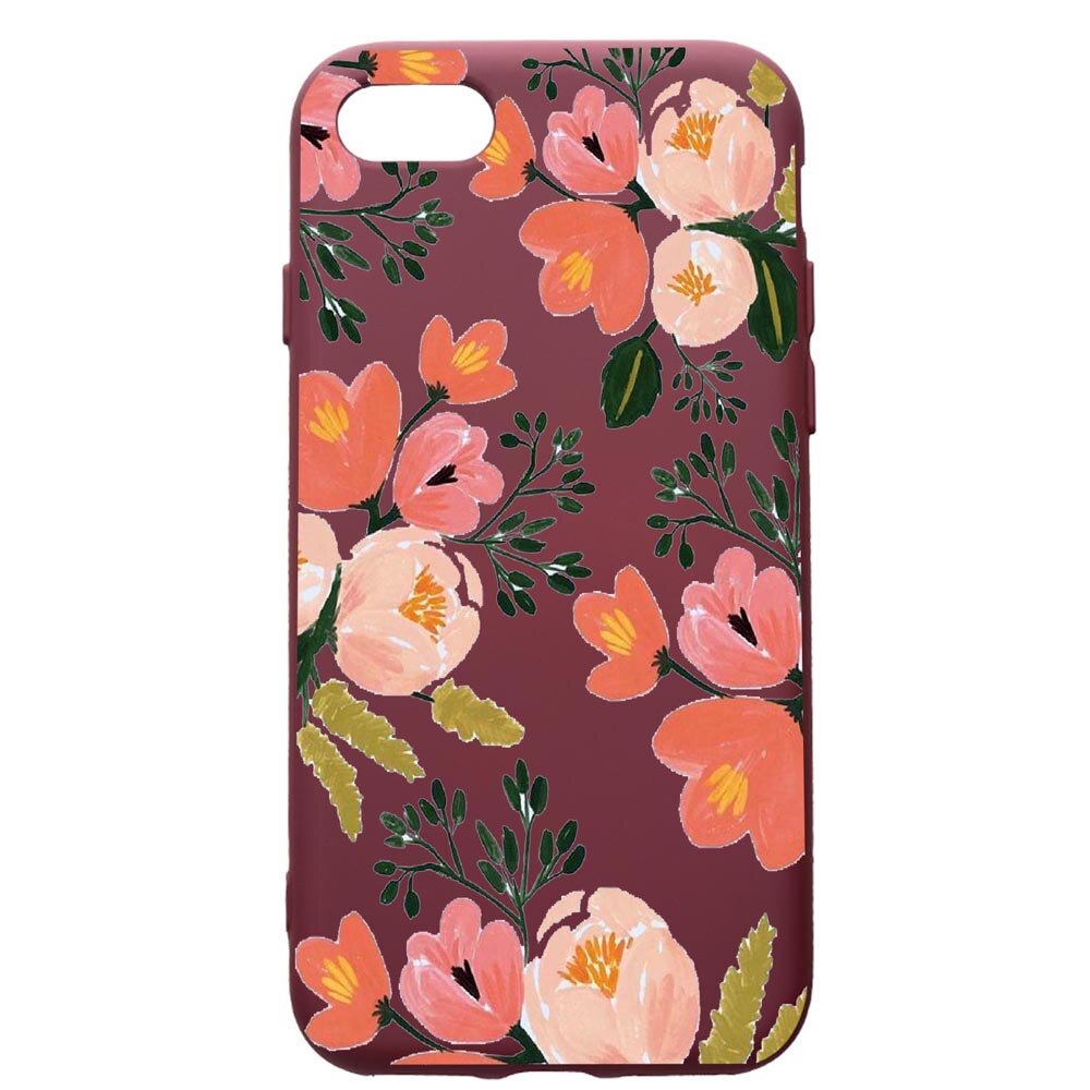 Husa Premium Silicon compatibila cu Apple iPhone SE 2 / iPhone 8 / iPhone 7, Flowers - Pastel Colors, cu interiorul din material textil, protectie camera, Burgundy, PBR504