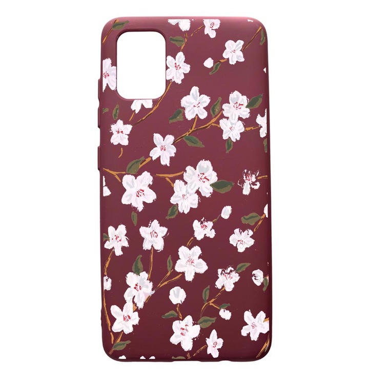 Husa Premium Silicon compatibila cu Apple iPhone 12 Pro Max, Spring Flowers, cu interiorul din material textil, protectie camera, Burgundy, PBR512