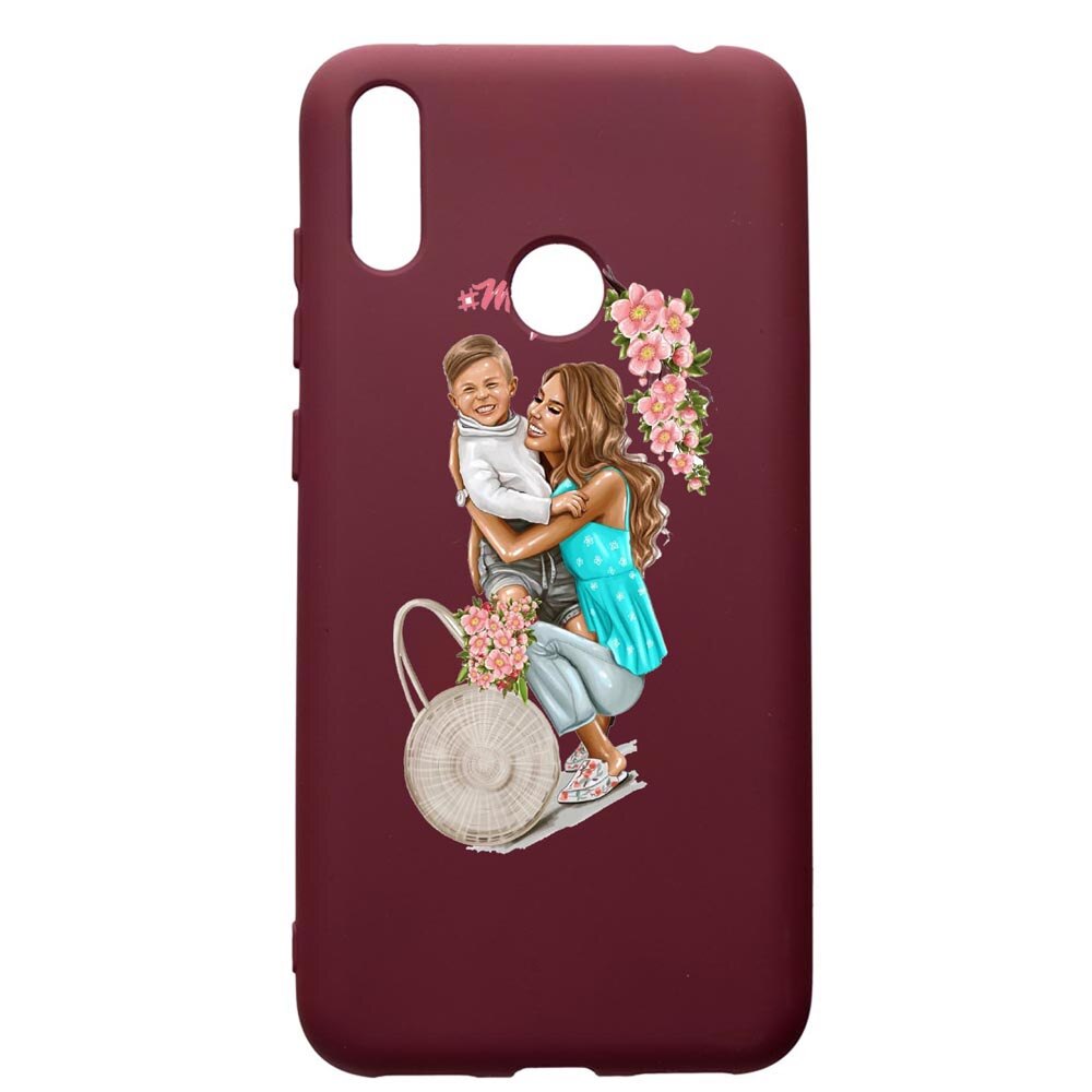 Husa Premium Silicon compatibila cu Huawei Y7 2019, Mom Life, cu interiorul din material textil, protectie camera, Burgundy, PBR559