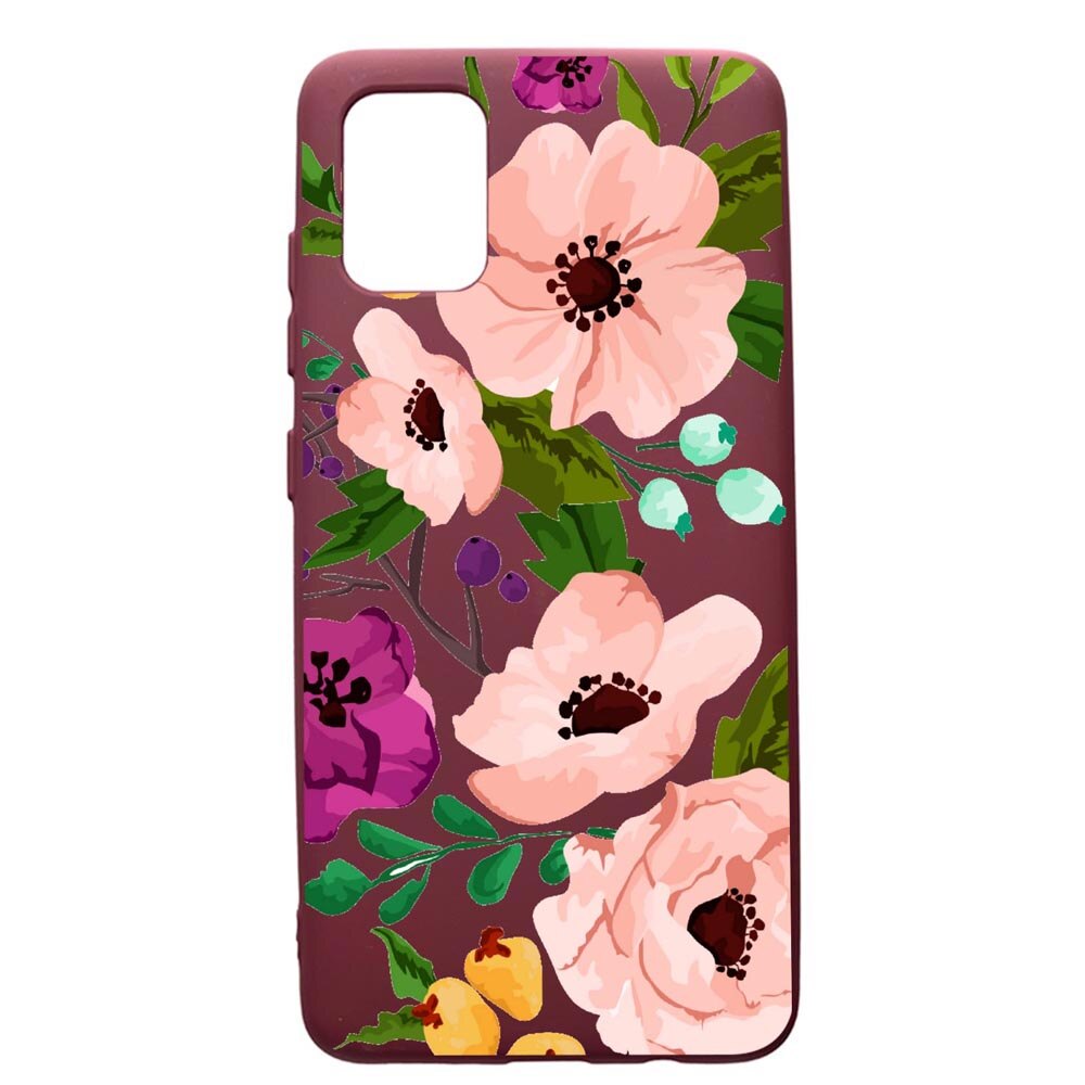 Husa Premium Silicon compatibila cu Samsung Galaxy A51, Flowers, cu interiorul din material textil, protectie camera, Burgundy, PBR629