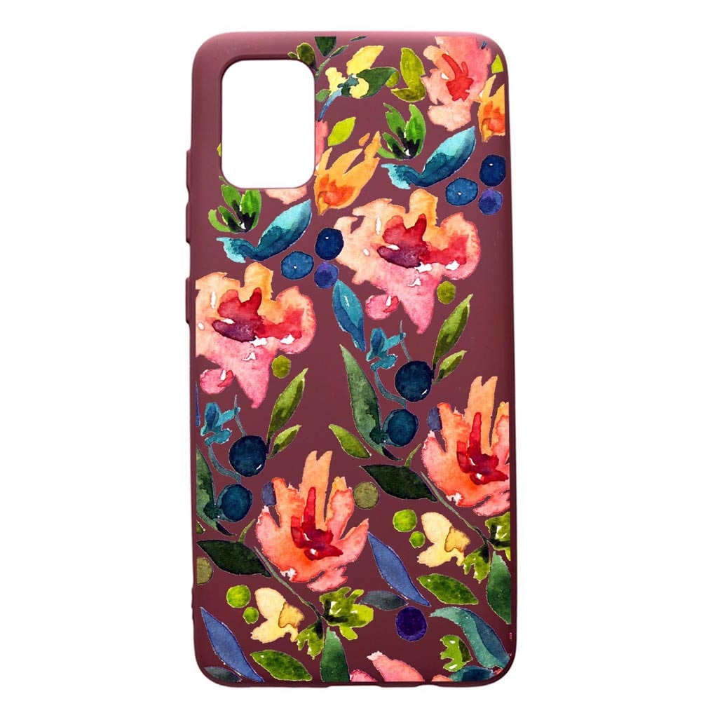 Husa Premium Silicon compatibila cu Samsung Galaxy A51, Spring Flowers, cu interiorul din material textil, protectie camera, Burgundy, PBR628