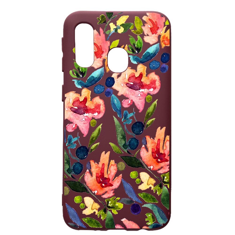 Husa Premium Silicon compatibila cu Samsung Galaxy A20E, Spring Flowers, cu interiorul din material textil, protectie camera, Burgundy, PBR628