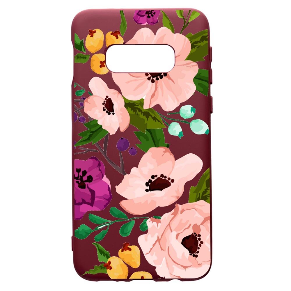 Husa Premium Silicon compatibila cu Samsung Galaxy S10E, Flowers, cu interiorul din material textil, protectie camera, Burgundy, PBR629