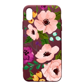 Husa Premium Silicon compatibila cu Apple iPhone XS Max, Flowers, cu interiorul din material textil, protectie camera, Burgundy, PBR629 Husa Premium Silicon compatibila cu Apple iPhone XS Max, Flowers, cu interiorul din material textil, protectie camera, Burgundy, PBR629
