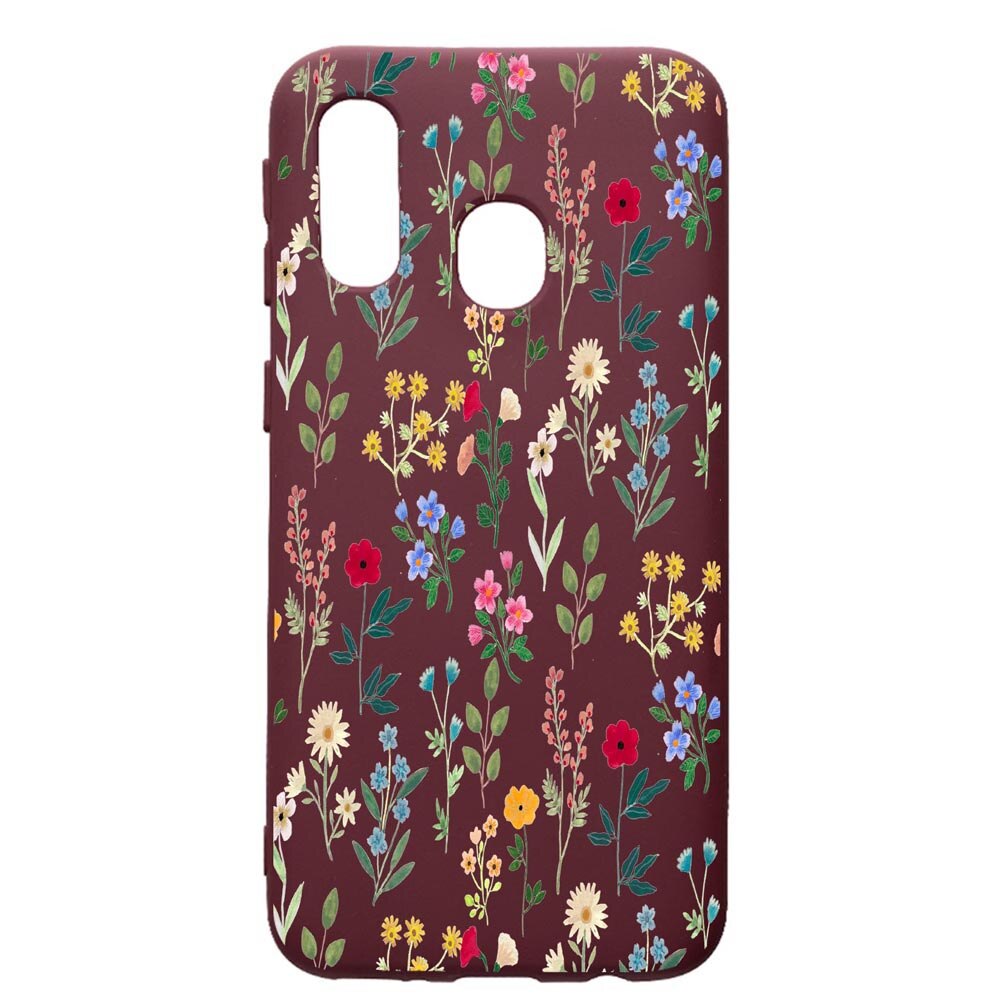 Husa Premium Silicon compatibila cu Samsung Galaxy A20E, Spring Flowers, cu interiorul din material textil, protectie camera, Burgundy, PBR635