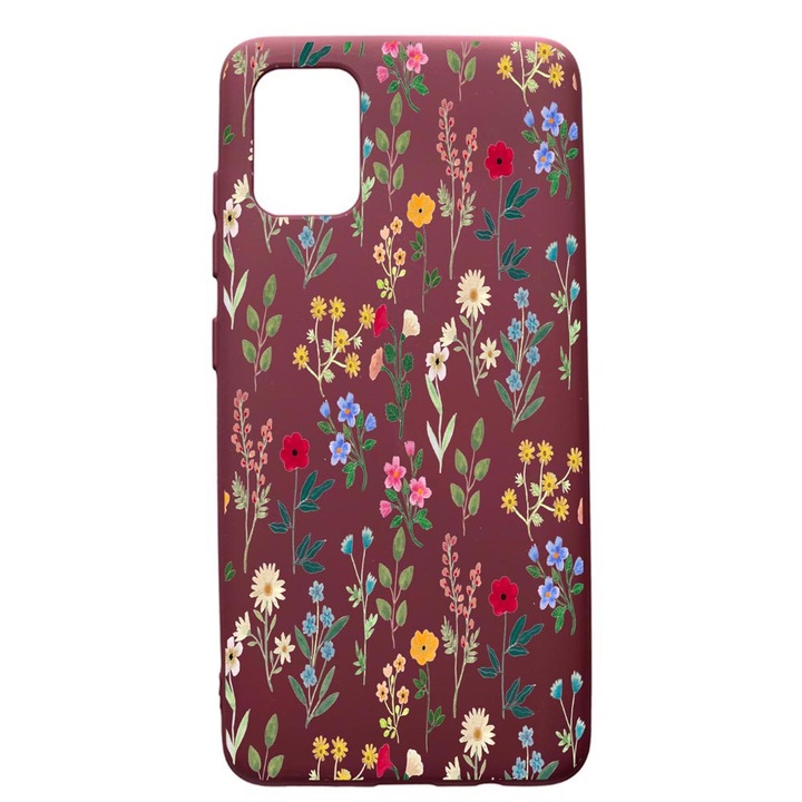 Husa Premium Silicon compatibila cu Apple iPhone 12 Pro Max, Spring Flowers, cu interiorul din material textil, protectie camera, Burgundy, PBR635