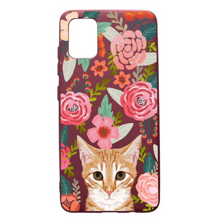 Husa Premium Silicon compatibila cu Apple iPhone 12 Pro Max, Cat In Flowers, cu interiorul din material textil, protectie camera, Burgundy, PBR638