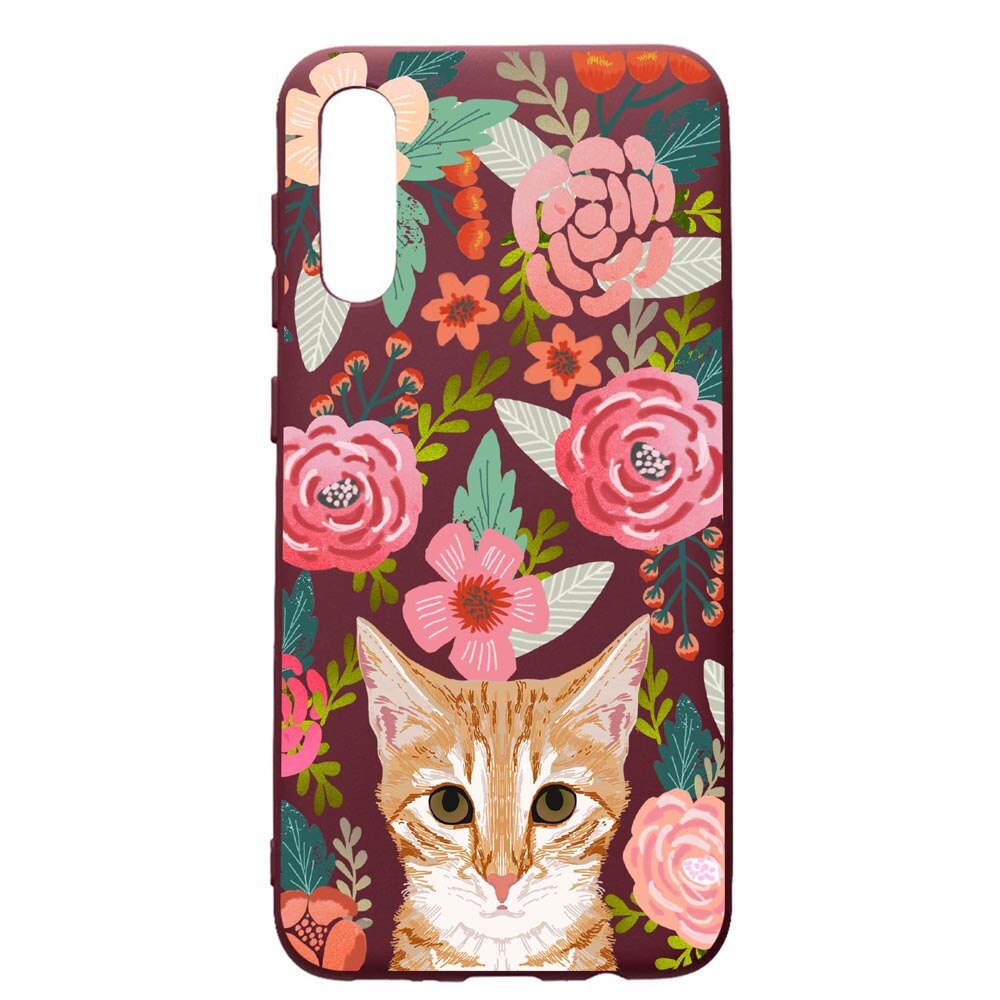 Husa Premium Silicon compatibila cu Samsung Galaxy A50, Cat In Flowers, cu interiorul din material textil, protectie camera, Burgundy, PBR638