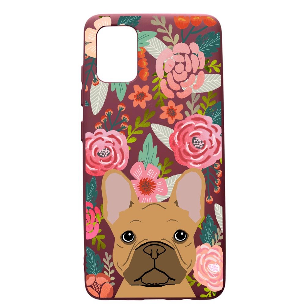 Husa Premium Silicon compatibila cu Samsung Galaxy S20 Plus, Dog In Flowers, cu interiorul din material textil, protectie camera, Burgundy, PBR637