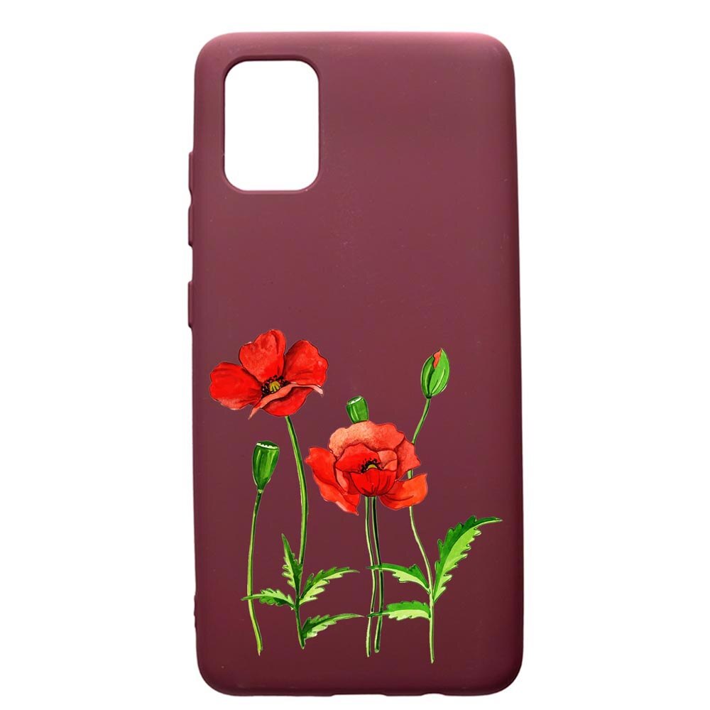 Husa Premium Silicon compatibila cu Samsung Galaxy A51, Flowers, cu interiorul din material textil, protectie camera, Burgundy, PBR643