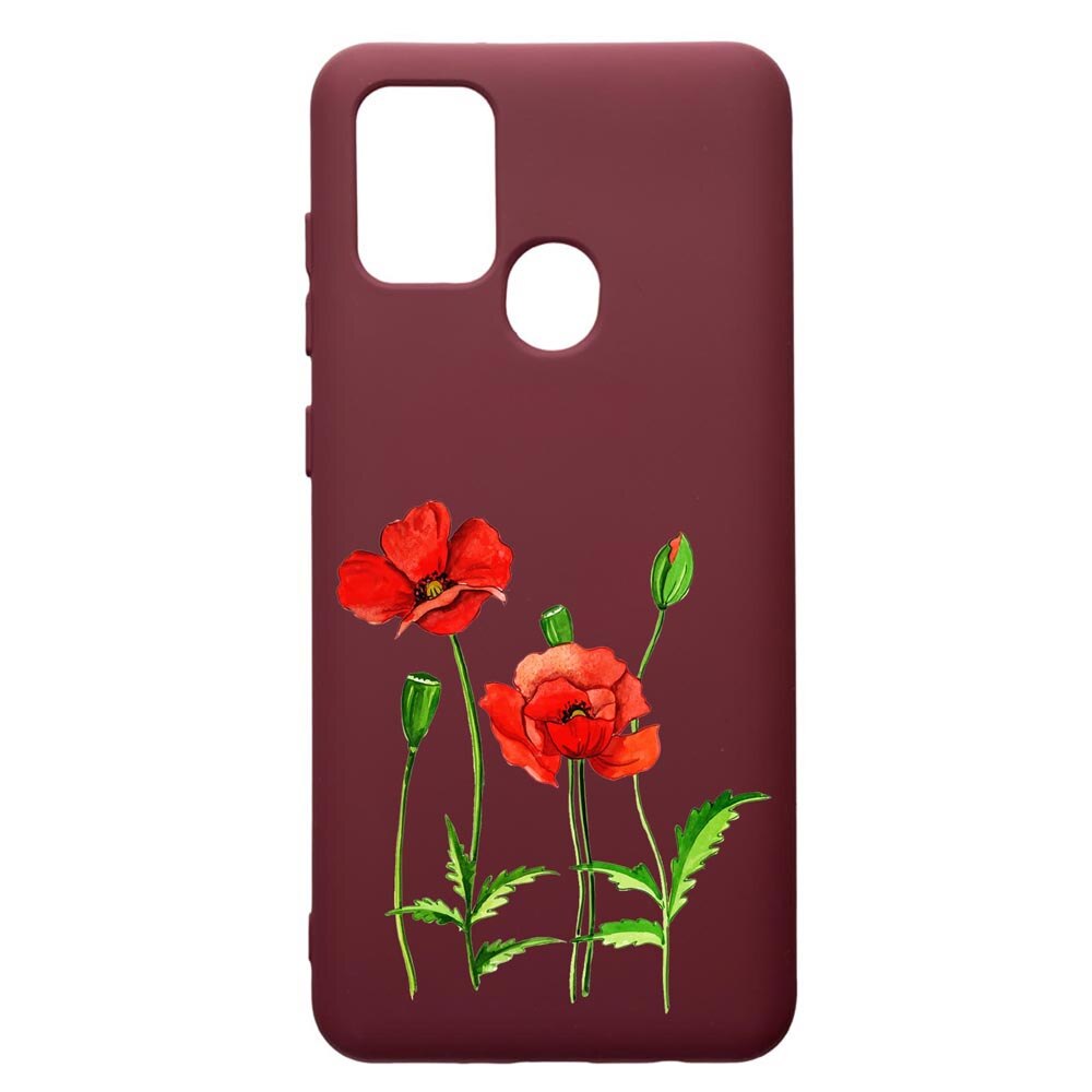 Husa Premium Silicon compatibila cu Samsung Galaxy A21S, Flowers, cu interiorul din material textil, protectie camera, Burgundy, PBR643