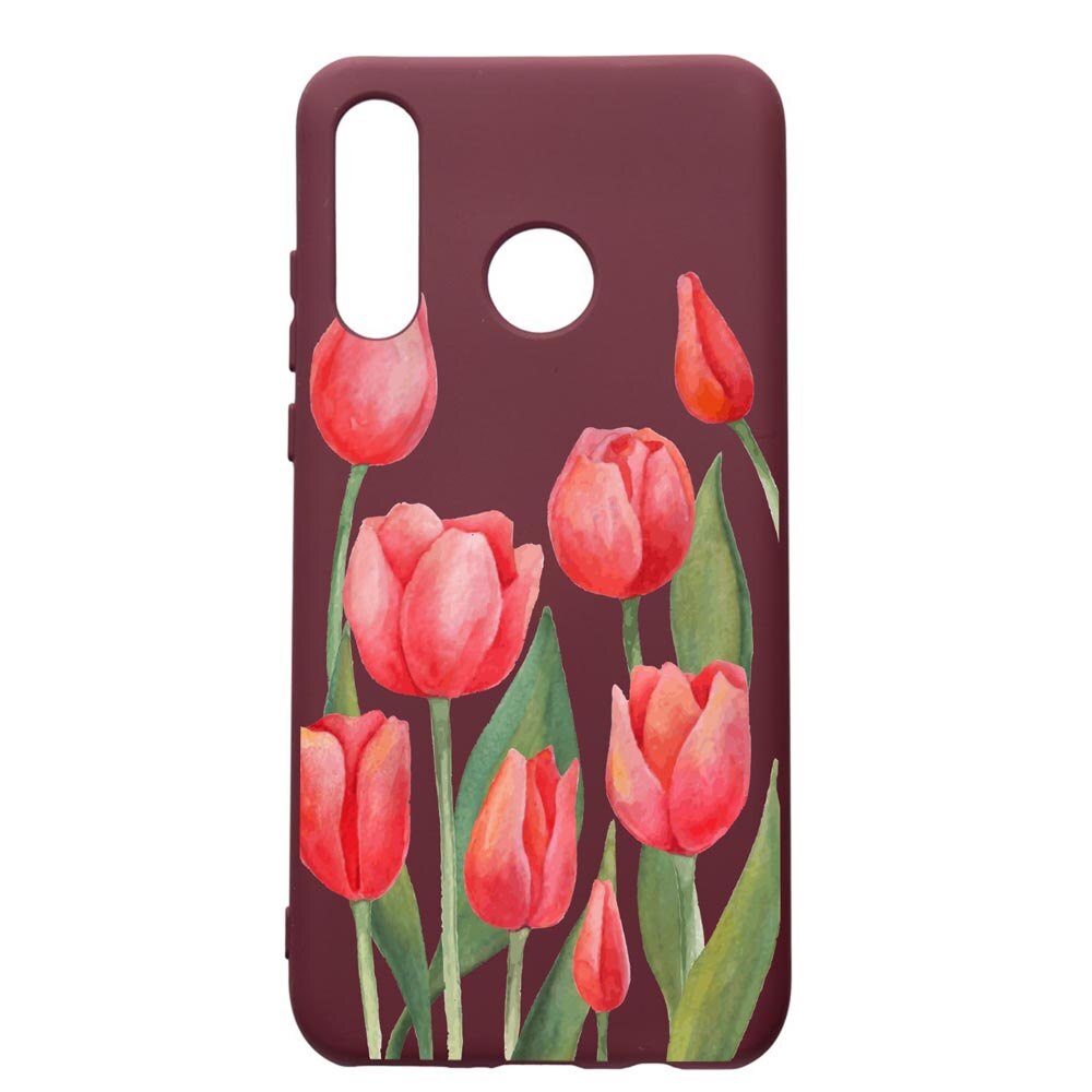 Husa Premium Silicon compatibila cu Huawei P30 Lite, Red Roses, cu interiorul din material textil, protectie camera, Burgundy, PBR633