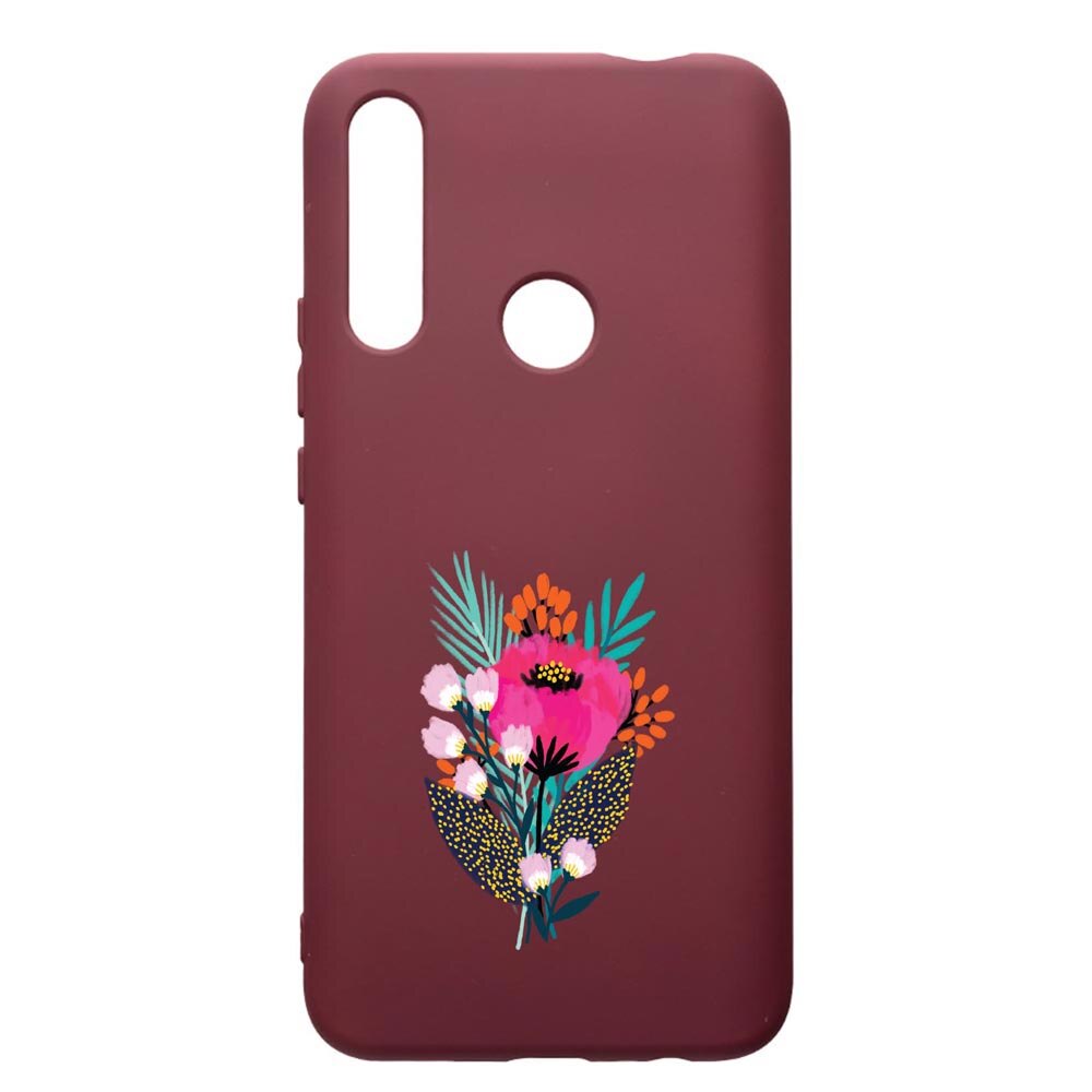 Husa Premium Silicon compatibila cu Huawei P Smart Z, Flowers, cu interiorul din material textil, protectie camera, Burgundy, PBR641