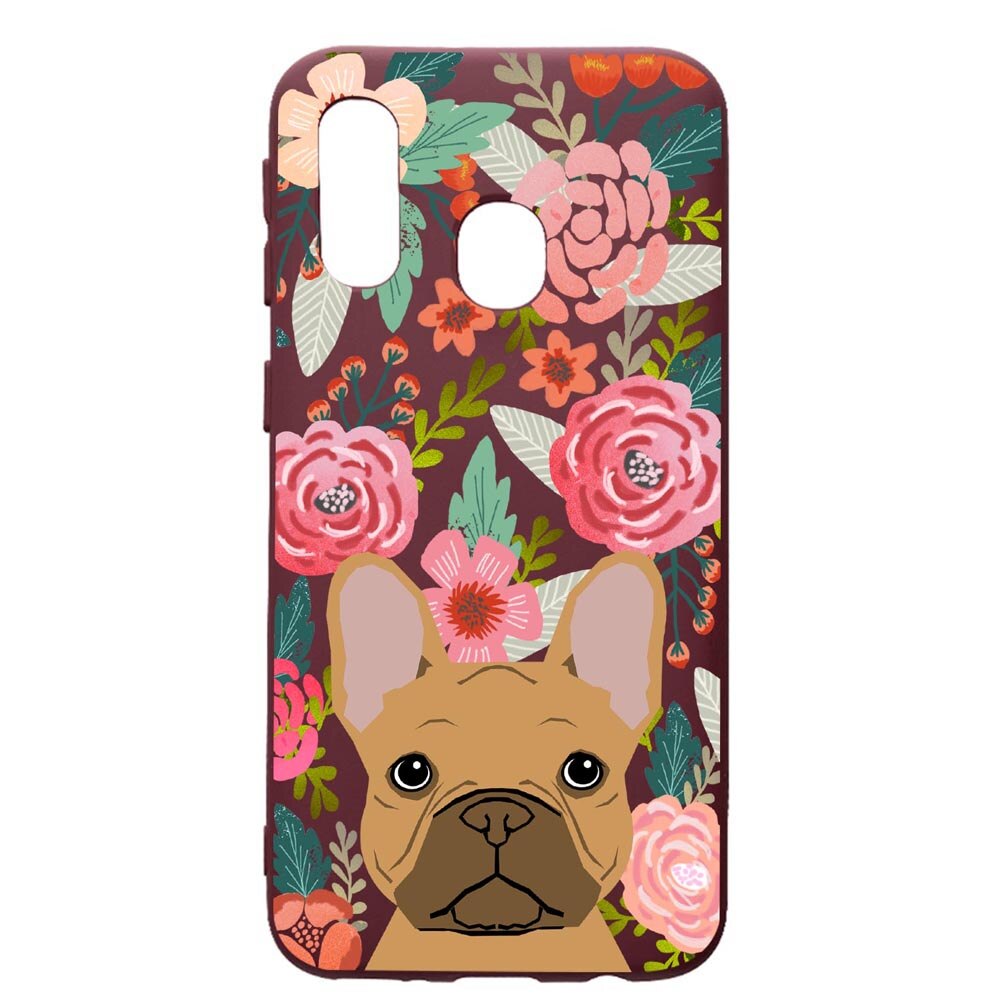 Husa Premium Silicon compatibila cu Samsung Galaxy A20E, Dog In Flowers, cu interiorul din material textil, protectie camera, Burgundy, PBR637