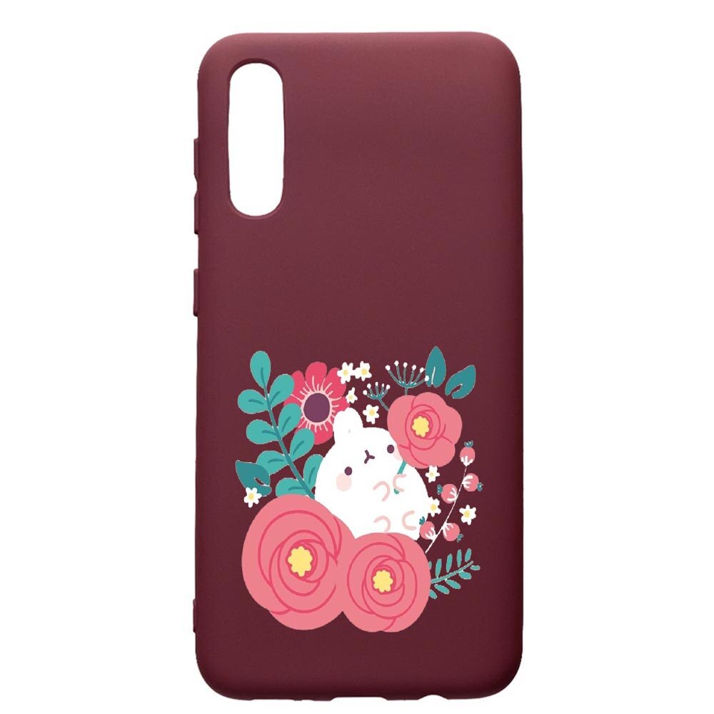 Husa Premium Silicon compatibila cu Huawei Y6 2019, Rabbit In Flowers, cu interiorul din material textil, protectie camera, Burgundy, PBR686