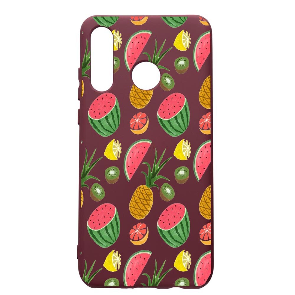 Husa Premium Silicon compatibila cu Huawei P30 Lite, Ananas, cu interiorul din material textil, protectie camera, Burgundy, PBR666