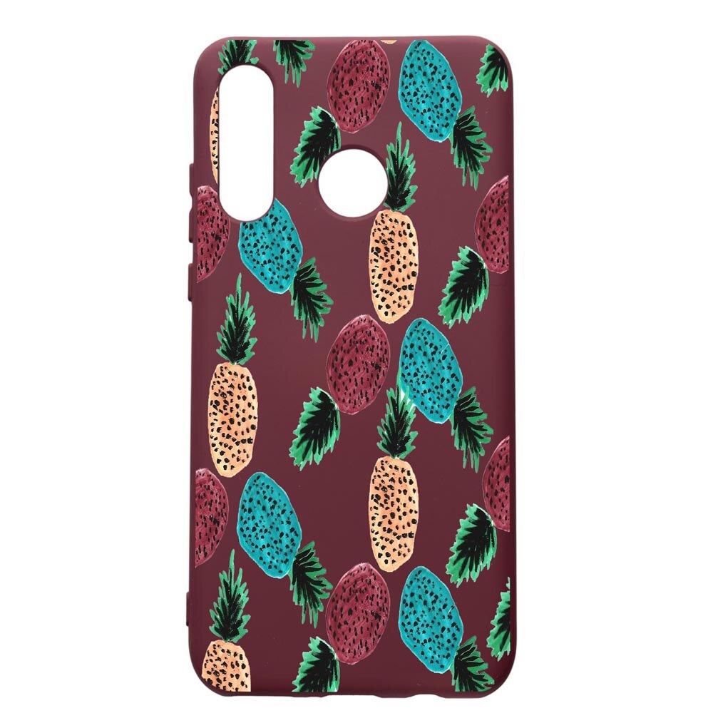 Husa Premium Silicon compatibila cu Huawei P30 Lite, Ananas, cu interiorul din material textil, protectie camera, Burgundy, PBR669