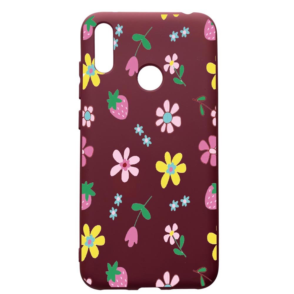 Husa Premium Silicon compatibila cu Huawei Y7 2019, Flowers, cu interiorul din material textil, protectie camera, Burgundy, PBR687