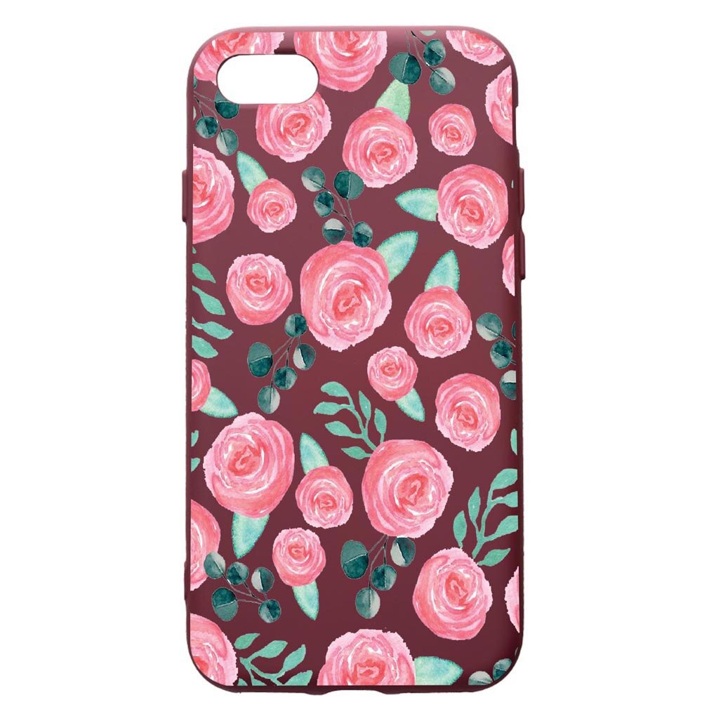 Husa Premium Silicon compatibila cu Apple iPhone SE 2 / iPhone 8 / iPhone 7, Rose Pattern, cu interiorul din material textil, protectie camera, Burgundy, PBR640