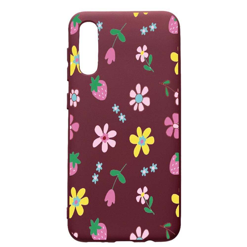 Husa Premium Silicon compatibila cu Samsung Galaxy A50, Flowers, cu interiorul din material textil, protectie camera, Burgundy, PBR687
