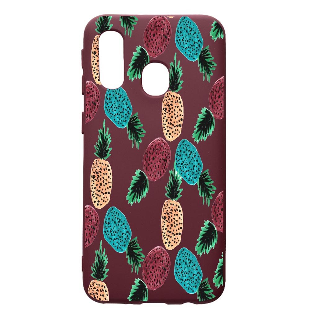 Husa Premium Silicon compatibila cu Samsung Galaxy A20E, Ananas, cu interiorul din material textil, protectie camera, Burgundy, PBR669