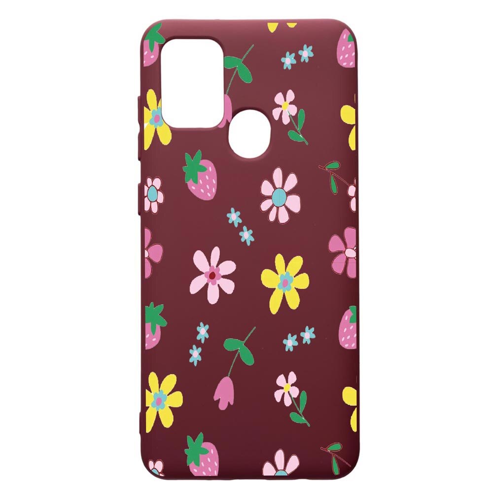 Husa Premium Silicon compatibila cu Samsung Galaxy A21S, Flowers, cu interiorul din material textil, protectie camera, Burgundy, PBR687