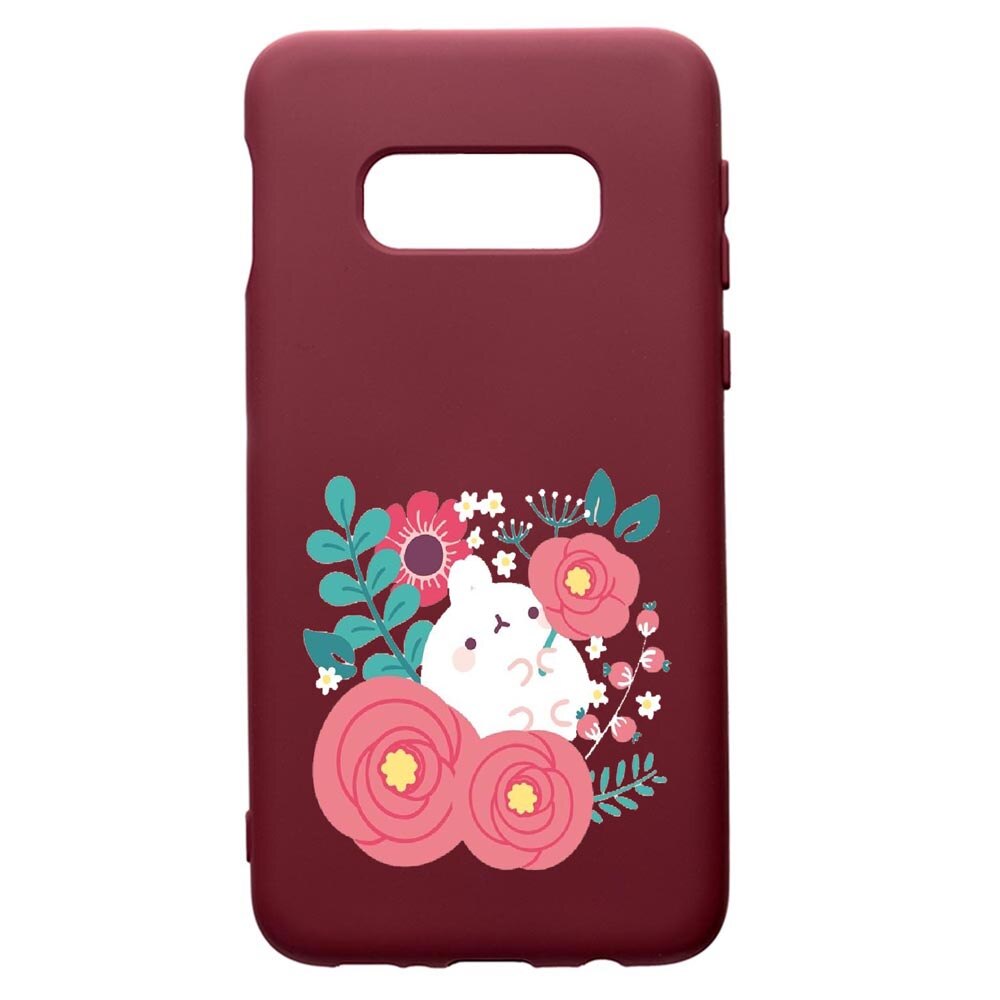 Husa Premium Silicon compatibila cu Samsung Galaxy S10E, Rabbit In Flowers, cu interiorul din material textil, protectie camera, Burgundy, PBR686