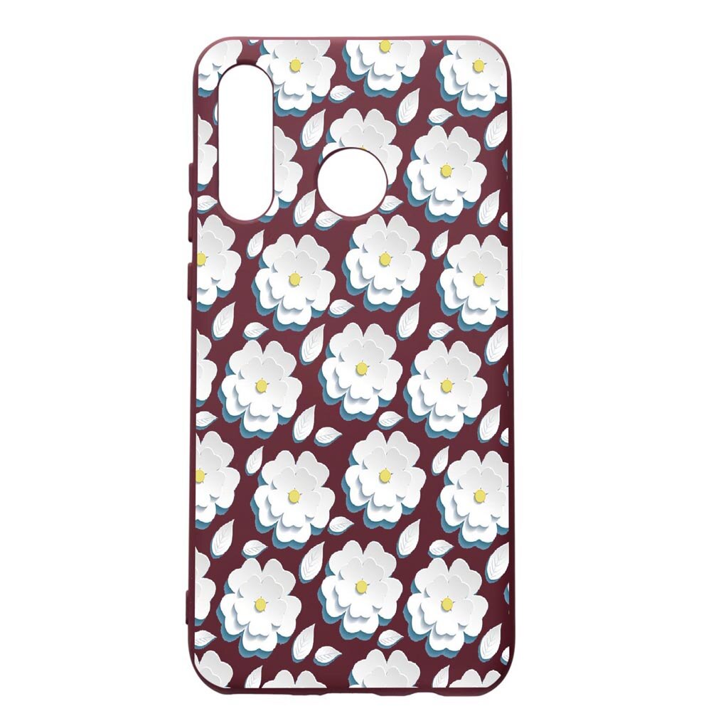 Husa Premium Silicon compatibila cu Huawei P30 Lite, Daisy White Flower, cu interiorul din material textil, protectie camera, Burgundy, PBR683