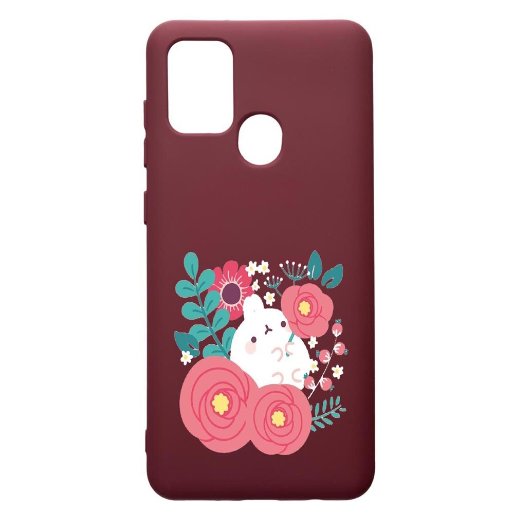 Husa Premium Silicon compatibila cu Samsung Galaxy A21S, Rabbit In Flowers, cu interiorul din material textil, protectie camera, Burgundy, PBR686