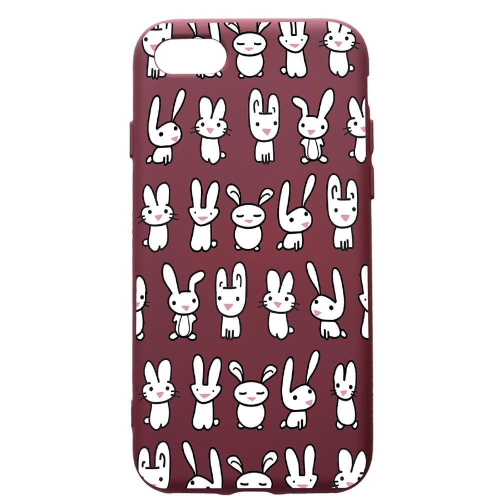 Husa Premium Silicon compatibila cu Apple iPhone SE 2 / iPhone 8 / iPhone 7, Rabbits, cu interiorul din material textil, protectie camera, Burgundy, PBR691