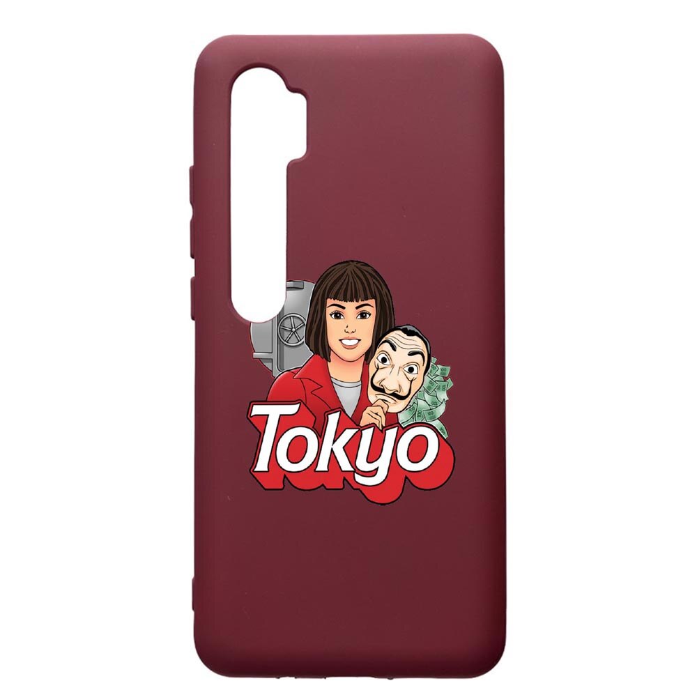 Husa Premium Silicon compatibila cu Xioami Mi Note 10, La Casa De Papel Tokyo, cu interiorul din material textil, protectie camera, Burgundy, PBR717