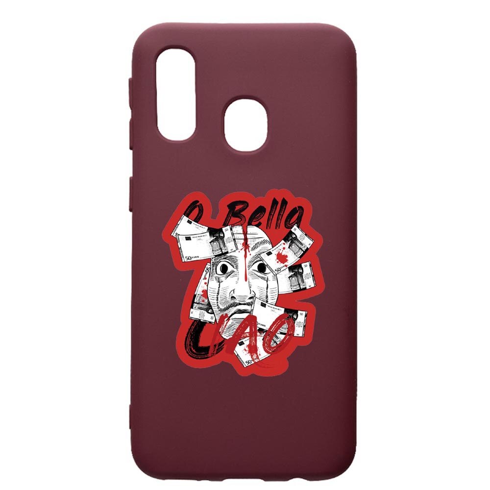 Husa Premium Silicon compatibila cu Samsung Galaxy A20E, La Casa De Papel, cu interiorul din material textil, protectie camera, Burgundy, PBR716