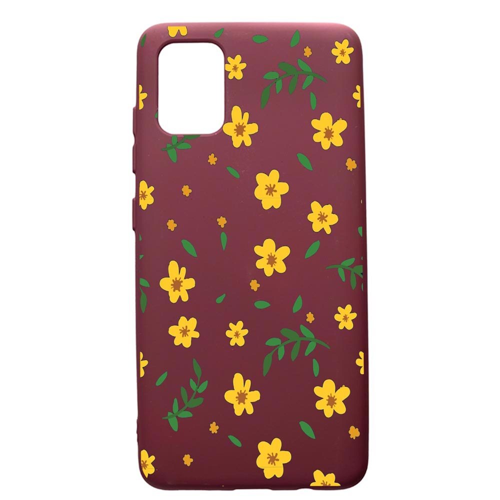 Husa Premium Silicon compatibila cu Samsung Galaxy S20 Plus, Little Yellow Flowers, cu interiorul din material textil, protectie camera, Burgundy, PBR696