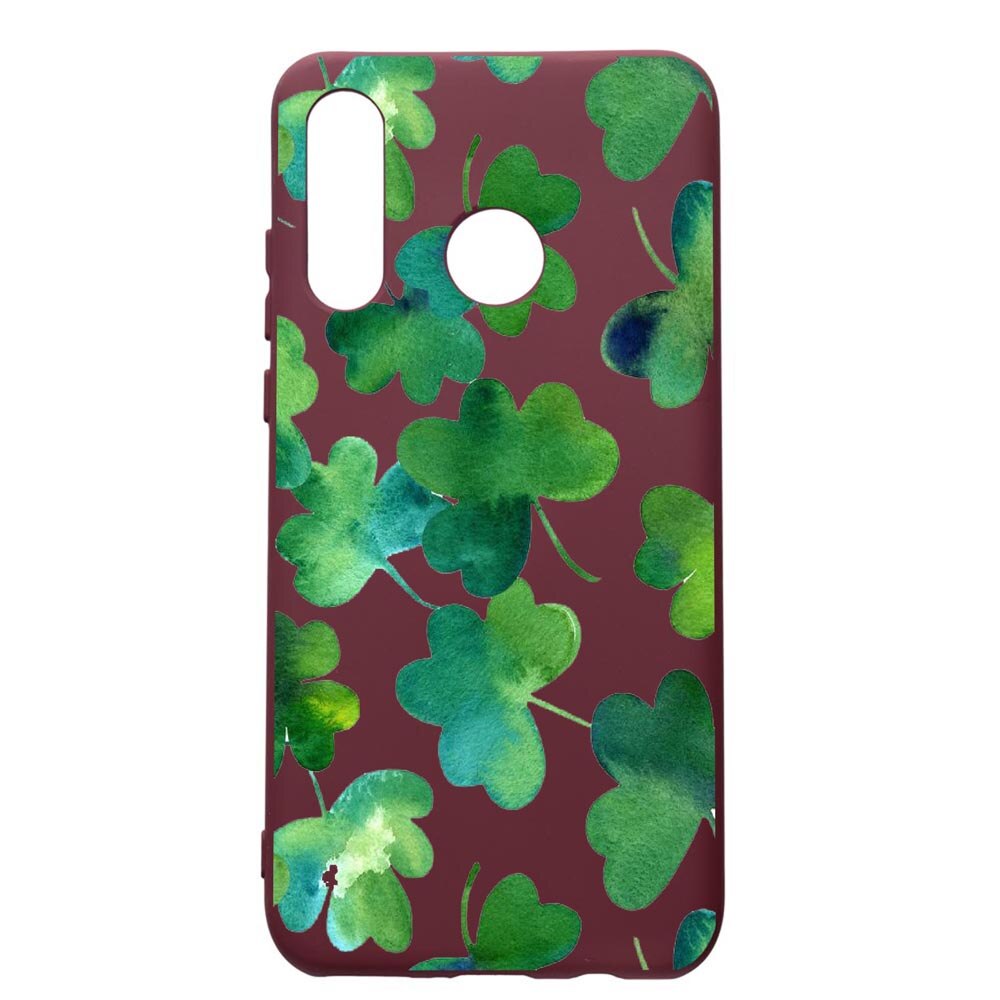 Husa Premium Silicon compatibila cu Huawei P30 Lite, Green Leaf, cu interiorul din material textil, protectie camera, Burgundy, PBR697