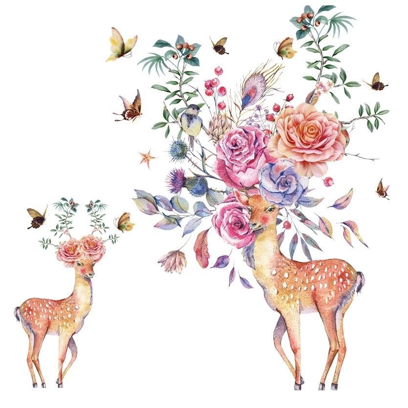 Sticker decorativ, Caprioare, flori si fluturi, 92x95 cm, multicolor