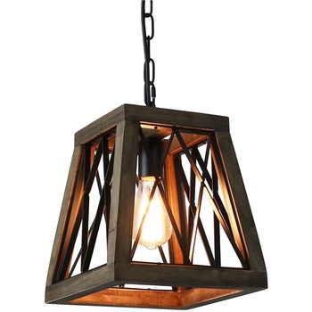 Pendul Kalin 2, Cojom, rustic cu un bec, E27, din lemn maro antichizat si metal negru, forma trapez Pendul Kalin 2, Cojom, rustic cu un bec, E27, din lemn maro antichizat si metal negru, forma trapez