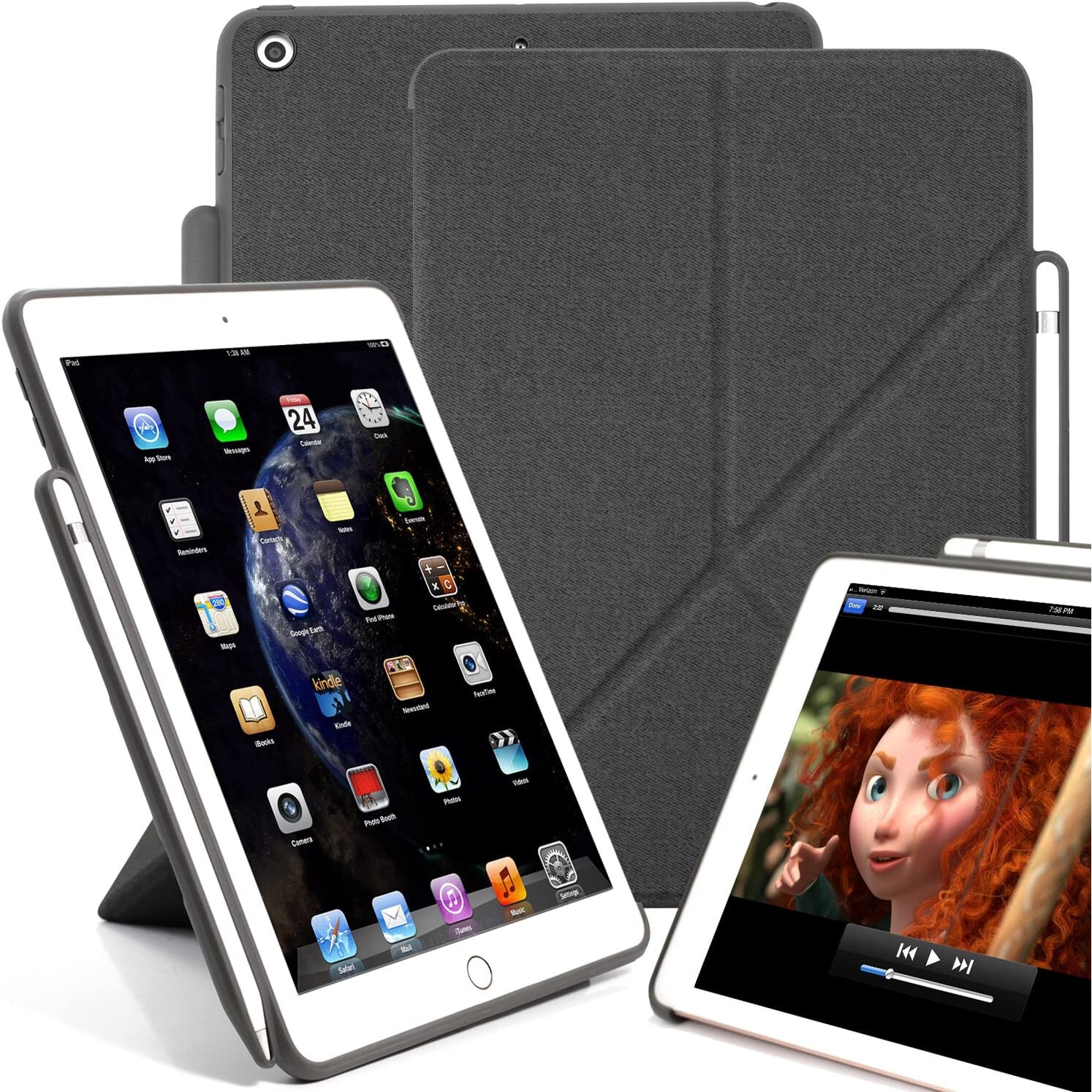 Husa origami cu suport stylus pentru iPad 9.7 2018, KHOMO, Policarbonat, Gri