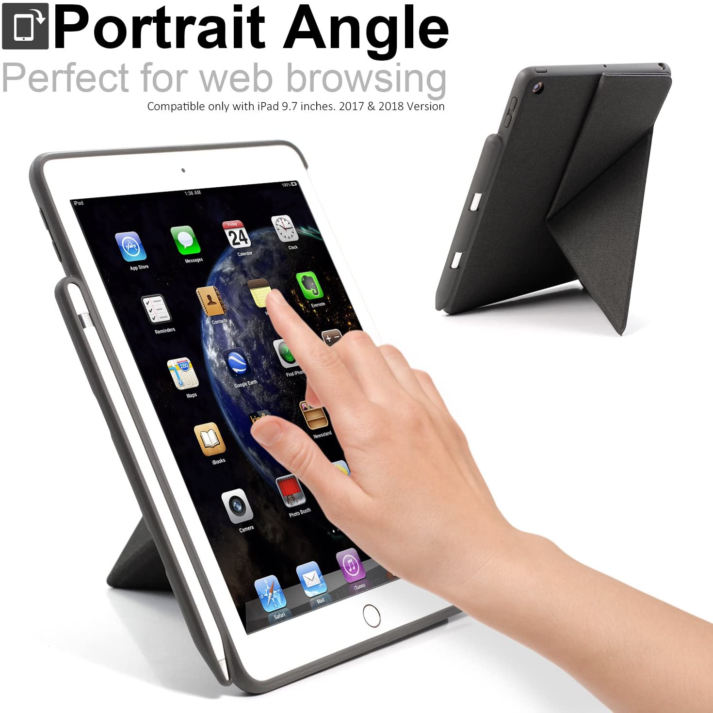 Husa origami cu suport stylus pentru iPad 9.7 2018, KHOMO, Policarbonat, Gri