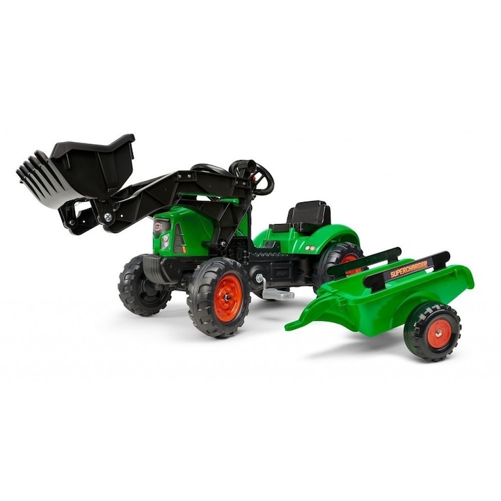 Играчка Falk, Детски трактор с едно гребло, ремарке, отварящ се капак и педали, зелен