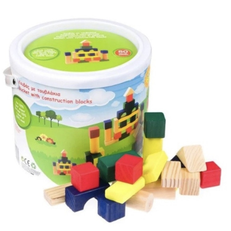 Set 50 cuburi din lemn pentru construit, diferite forme si culori, 3 ...